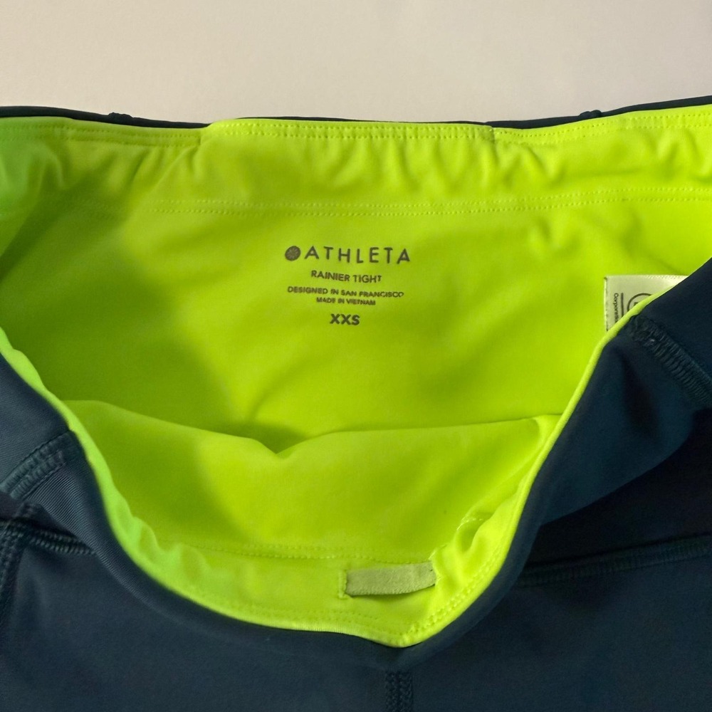 Athleta Rainier Tight Teal Neon Yellow High Rise Leggings‎ Zip Pockets XXS - Picture 3 of 16